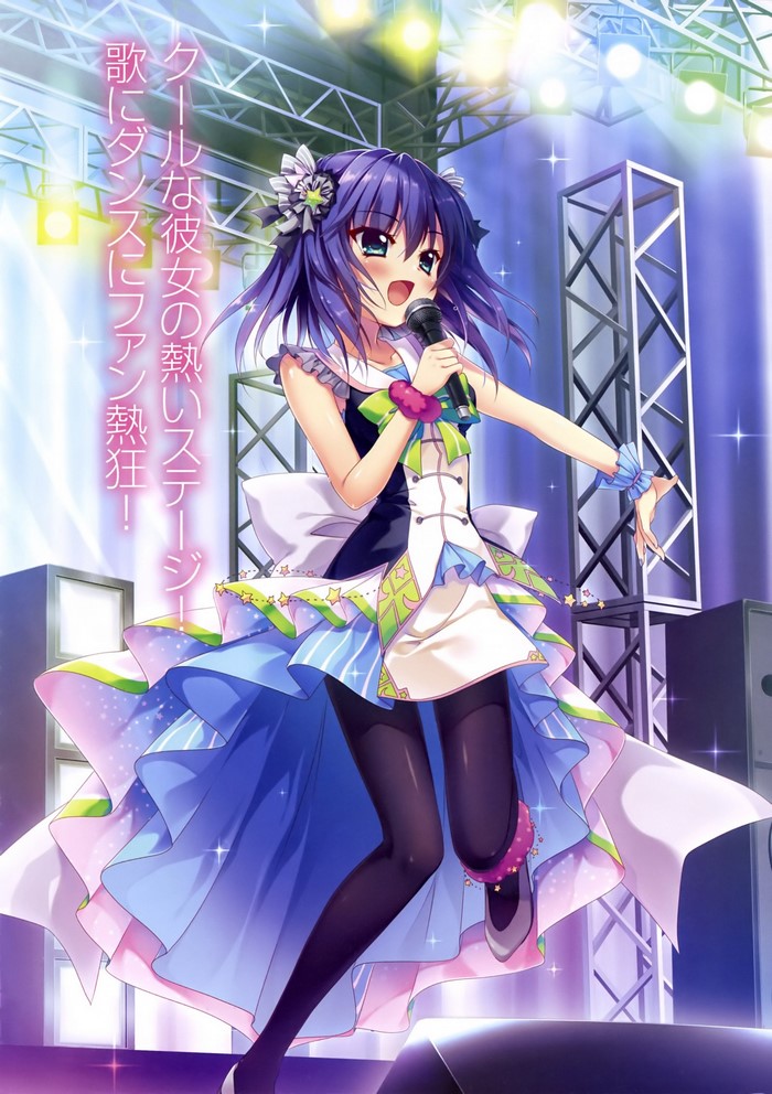 Anime girl singing on stage with purple hair