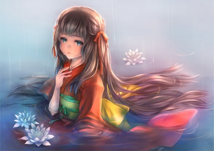 Anime girl in kimono sitting in water with lotuses