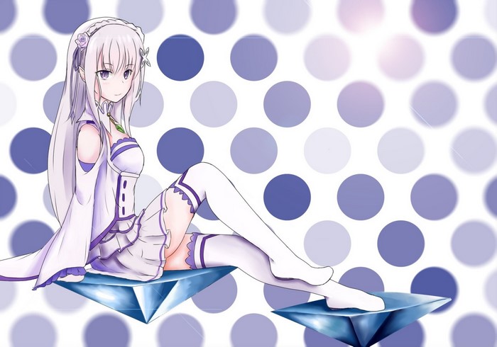 Emilia from Re: Zero sitting on diamonds