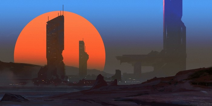 Futuristic city skyline at sunset with large orange sun