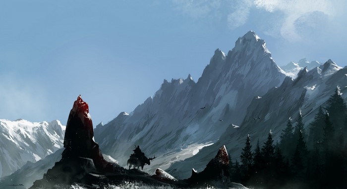 A lone rider on a snowy mountain pass with a giant crystal