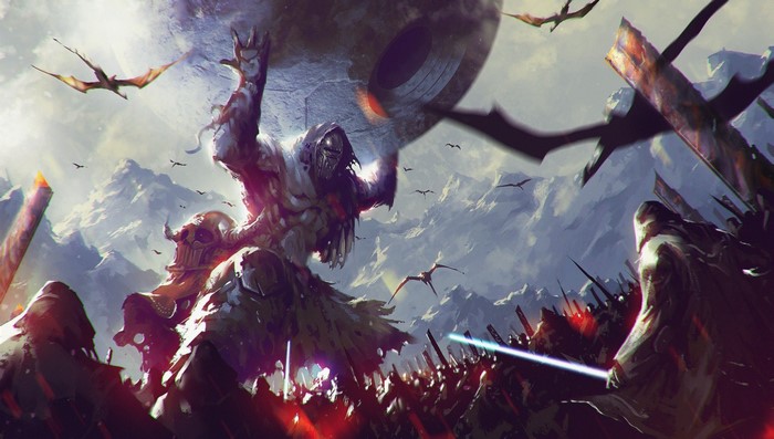Giant monster lifting a planet over an army
