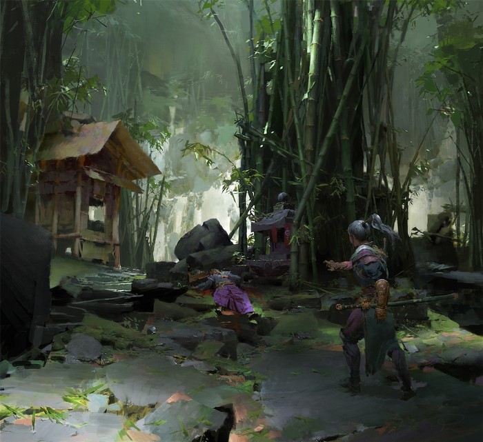 Two figures in a bamboo forest with a small shrine