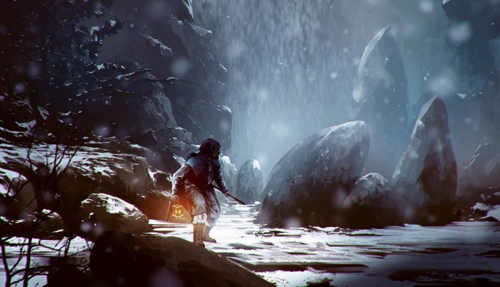 Person with lantern in snowy rocky landscape