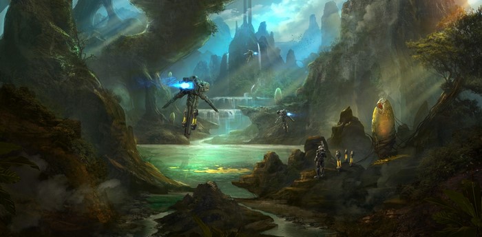 Sci-fi explorers in a fantasy jungle with waterfalls