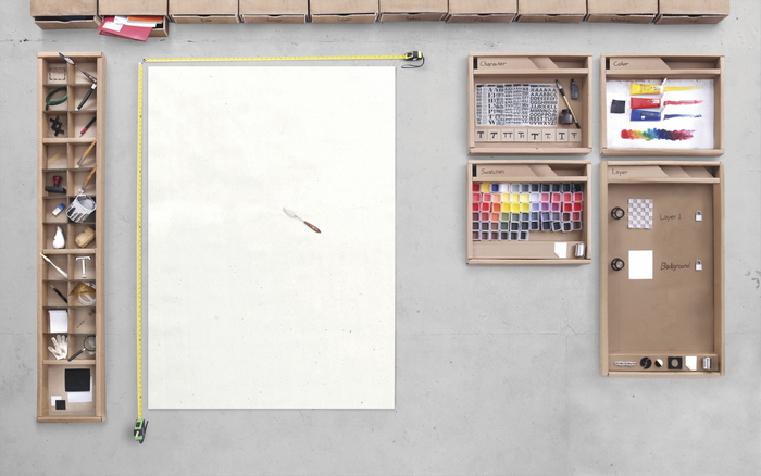 Art studio setup with drawing supplies and tools