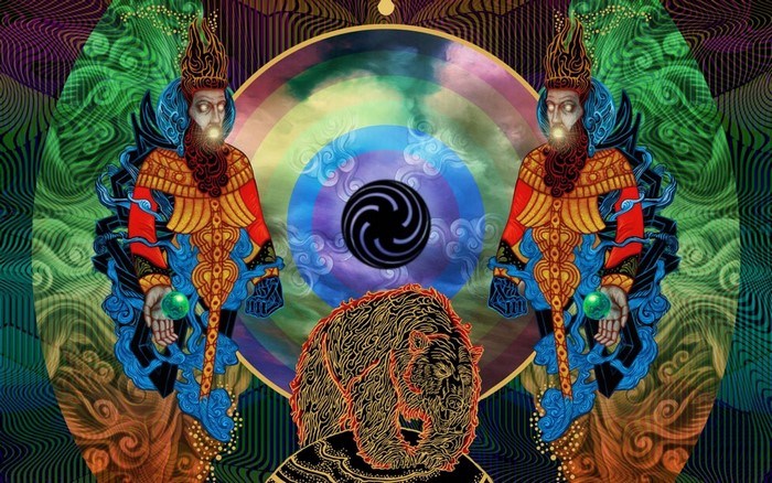 Psychedelic illustration with mythological figures and a bear
