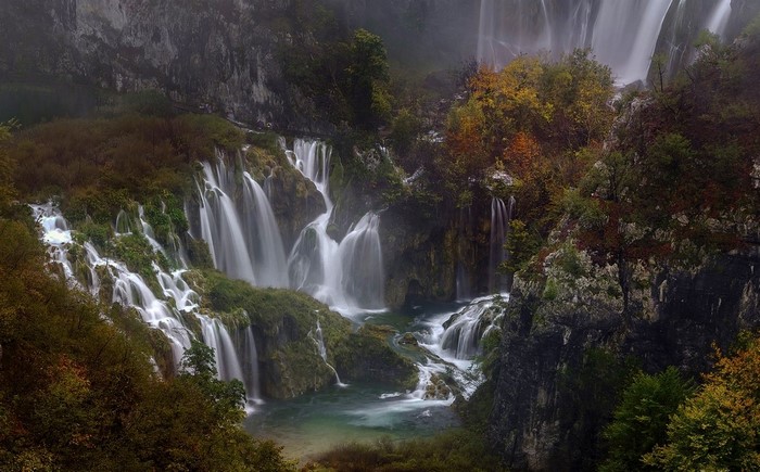 Waterfalls in Plitvice National Park, Croatia during autumn