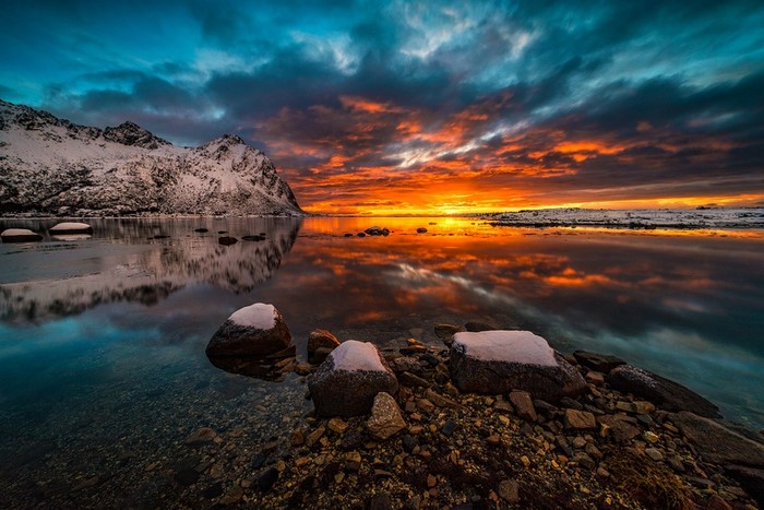 Sunset over Snowy Lofoten Islands Bay