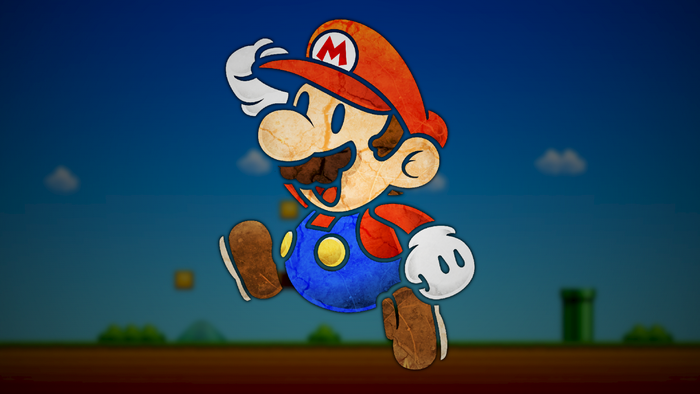 Paper Mario jumping in front of a Super Mario background