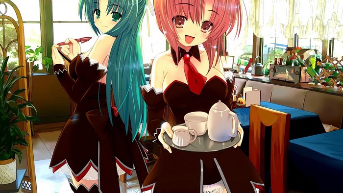 Two anime waitresses in a cafe