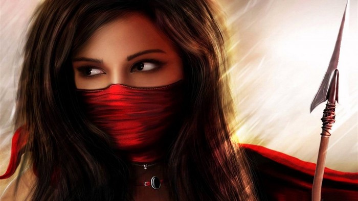 Mysterious Woman with Red Mask and Spear