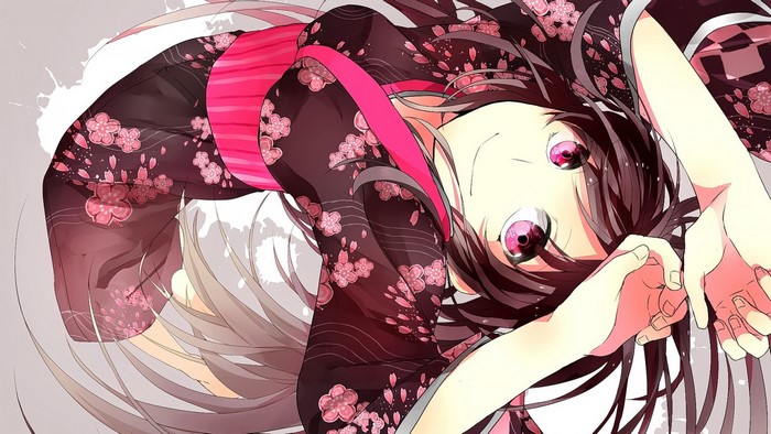 Anime girl in kimono with pink flowers