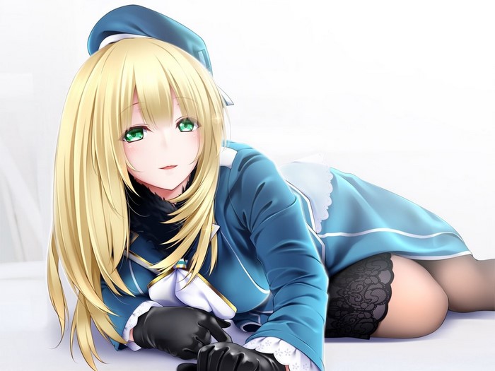 Anime girl in blue uniform and black stockings