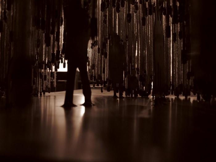 Silhouettes of people standing in a room with hanging objects