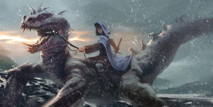 Fantasy art of a person riding a dragon in snow