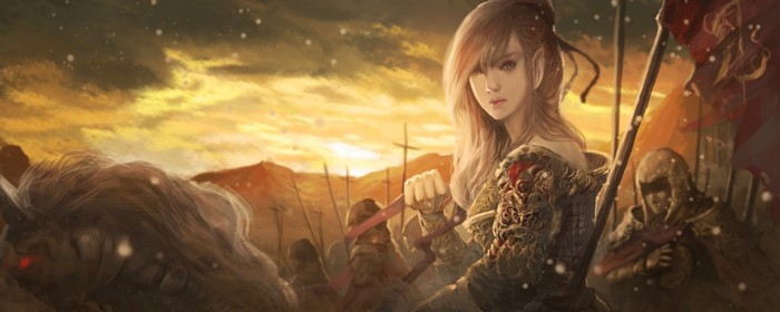 Fantasy warrior woman with army at sunset