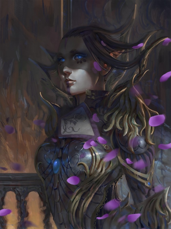 Fantasy illustration of an elf warrior with blue eyes