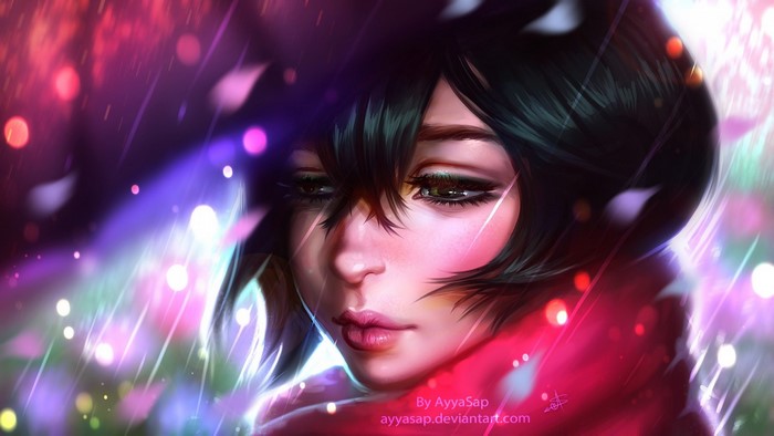 Anime girl with dark hair and red scarf in bokeh lights