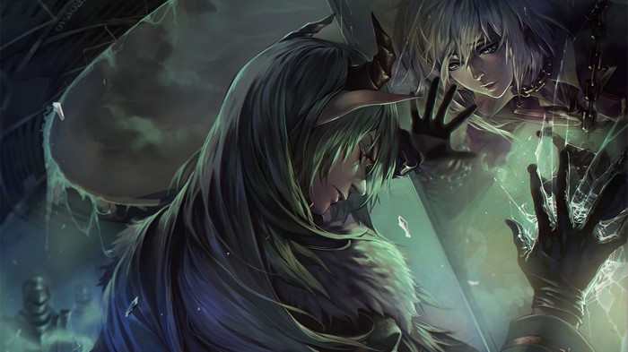Two anime characters in a dark, fantasy setting