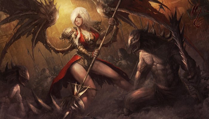 Fantasy warrior woman with wings fighting demons