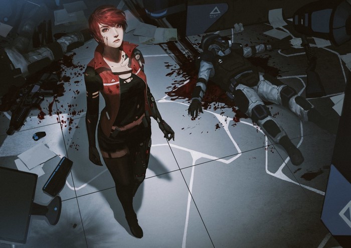 Anime girl in futuristic setting with fallen soldier