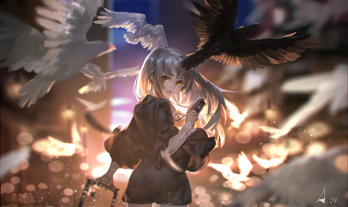 Anime girl with birds and a camera