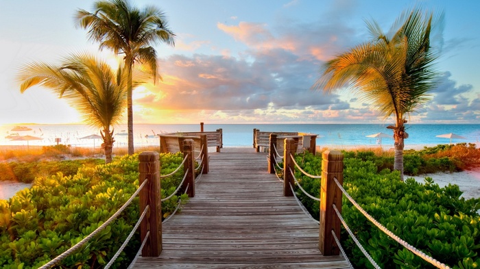 Wooden boardwalk leading to a tropical beach at sunset