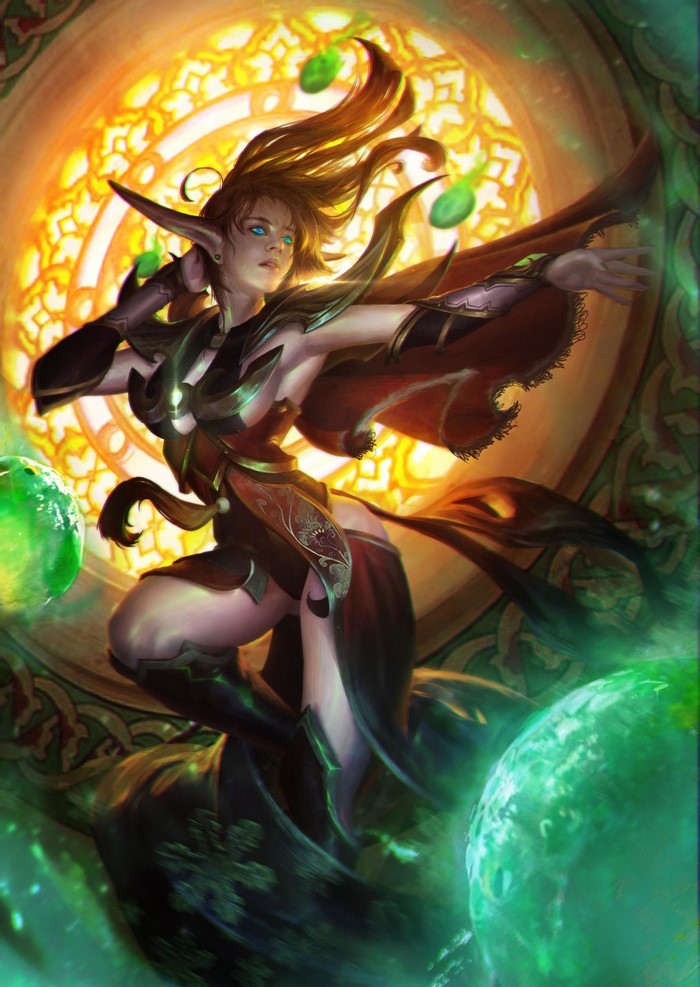 Fantasy elf woman with glowing orbs and stained glass background
