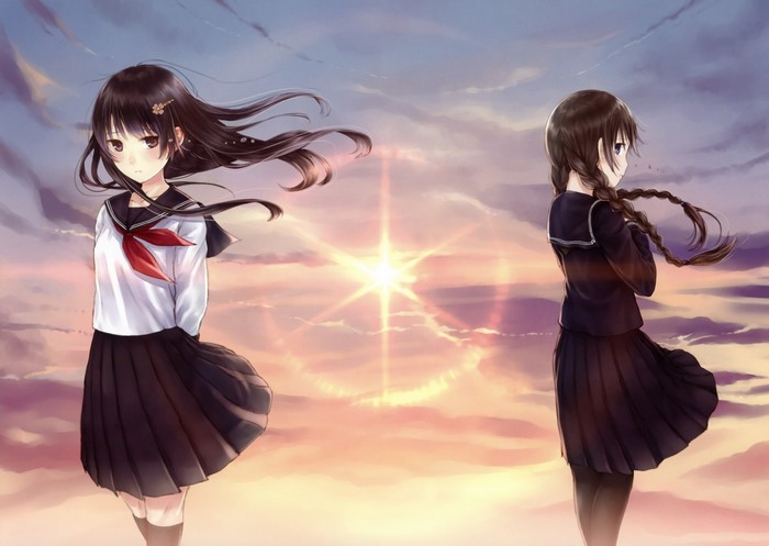 Two anime schoolgirls in uniform at sunset