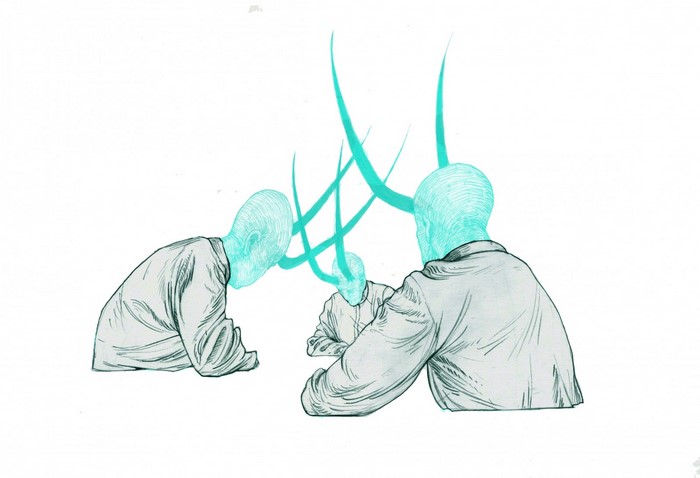 Three figures with blue heads and antler-like protrusions