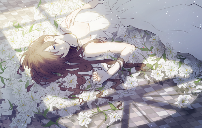 Anime girl lying in white lilies