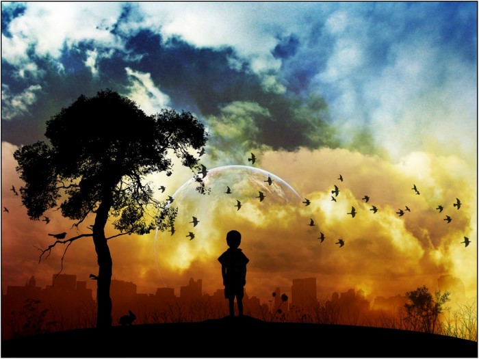 Child and tree silhouette with planet and birds