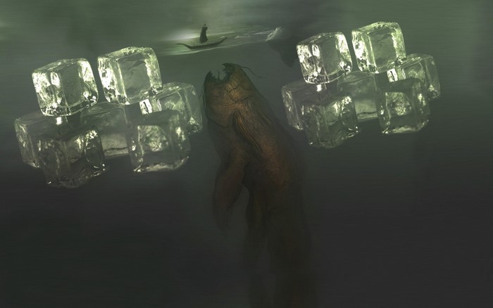 Giant creature and ice cubes in dark water with boat