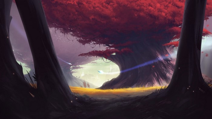 Futuristic landscape with trees and spaceship