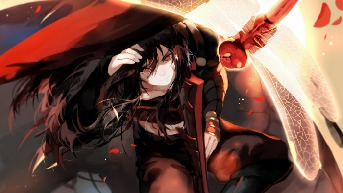 Anime girl with black hair and red eyes and dragonfly wings