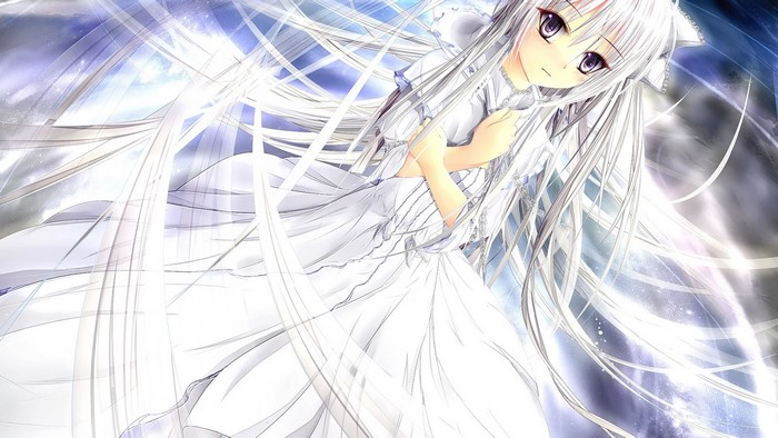 Anime girl with long white hair and gray eyes