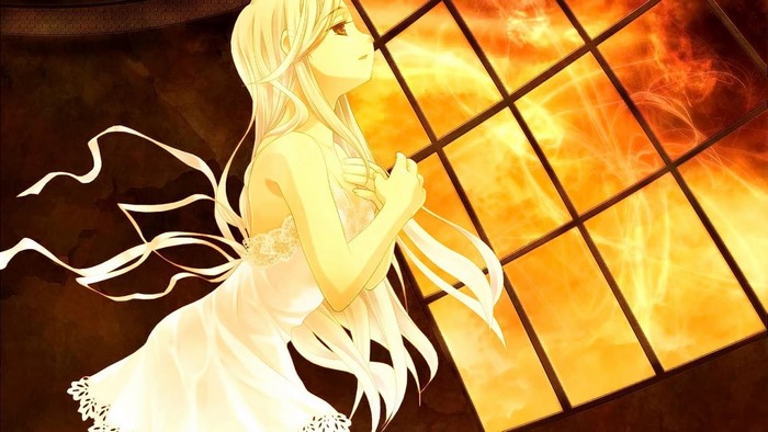 Anime girl with long blonde hair in a white dress