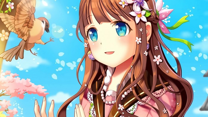 Anime girl with bird and flowers