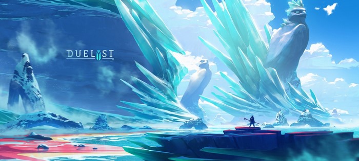 Duelyst artwork with ice formations and a lone figure