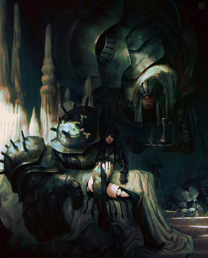 Artwork of a girl and a large armored figure