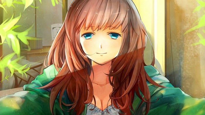Anime girl with long brown hair and blue eyes