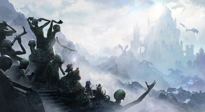 Fantasy landscape with statues, dragons, and a castle