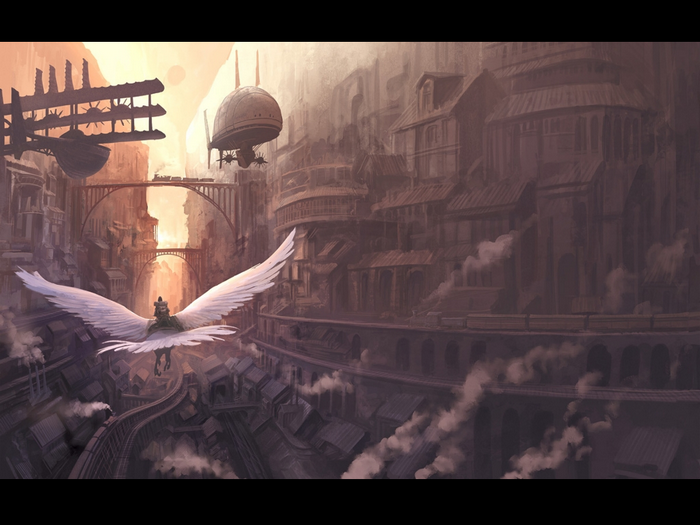 Steampunk city with flying creature and airships