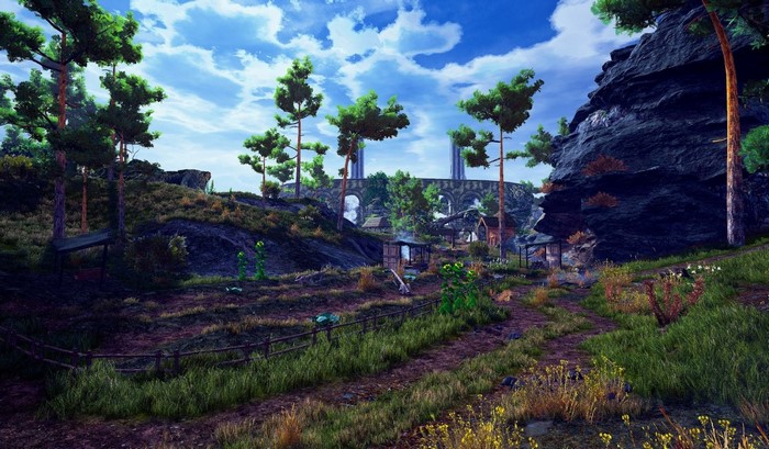 Fantasy village with ancient ruins and trees