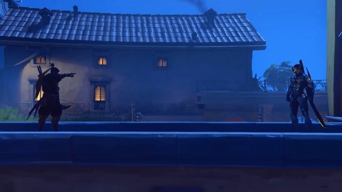 Genji and Hanzo from Overwatch on a rooftop at night