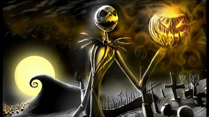 Jack Skellington from The Nightmare Before Christmas holding a pumpkin