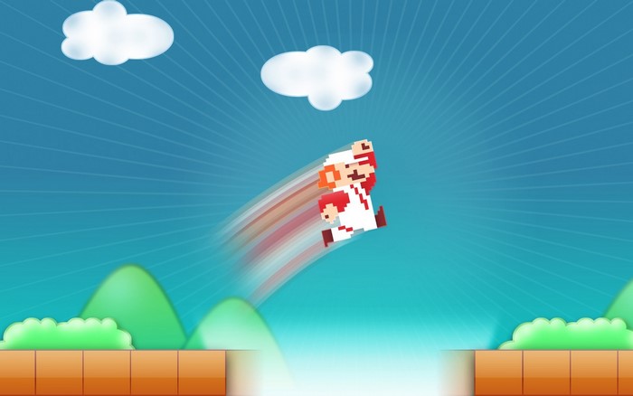 Toad from Super Mario jumping over a gap