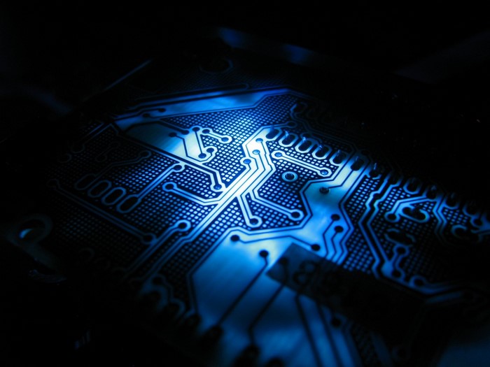 Close-up of a blue illuminated circuit board