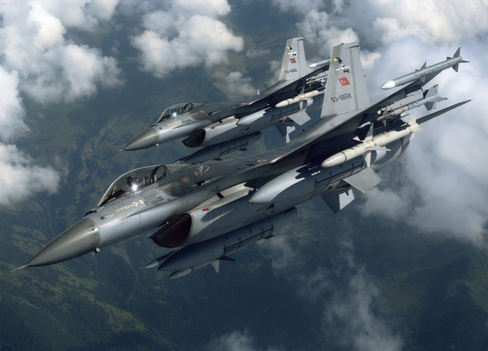 Two Turkish Air Force F-16 fighter jets in flight